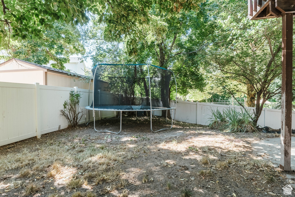 Fenced backyard with a trampoline