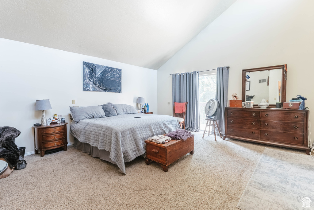 Bedroom with carpet floors and high vaulted ceiling