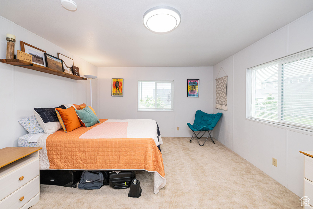 Carpeted bedroom with multiple windows