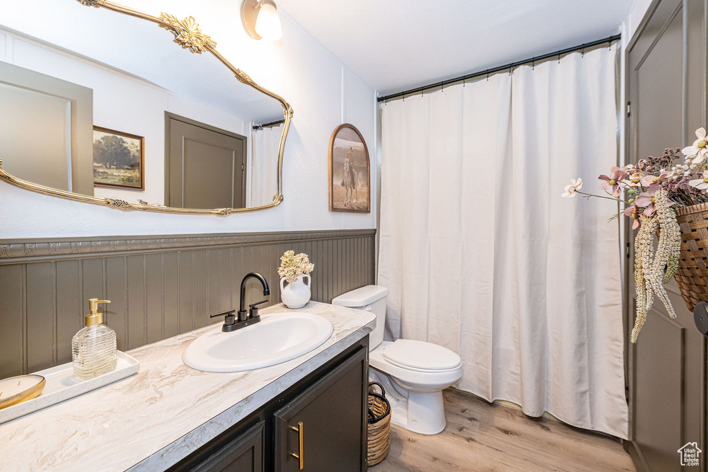 Full bath featuring wood finished floors, wainscoting, toilet, and vanity