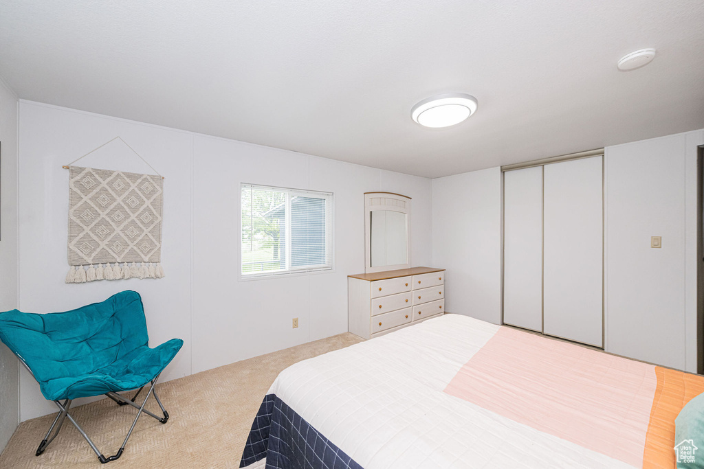 Carpeted bedroom with a closet