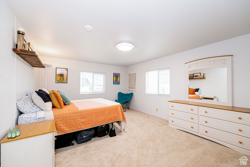 Carpeted bedroom with multiple windows
