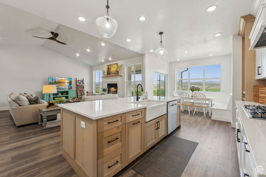 Kitchen featuring a sink, open floor plan, stainless steel appliances, a warm lit fireplace, and recessed lighting