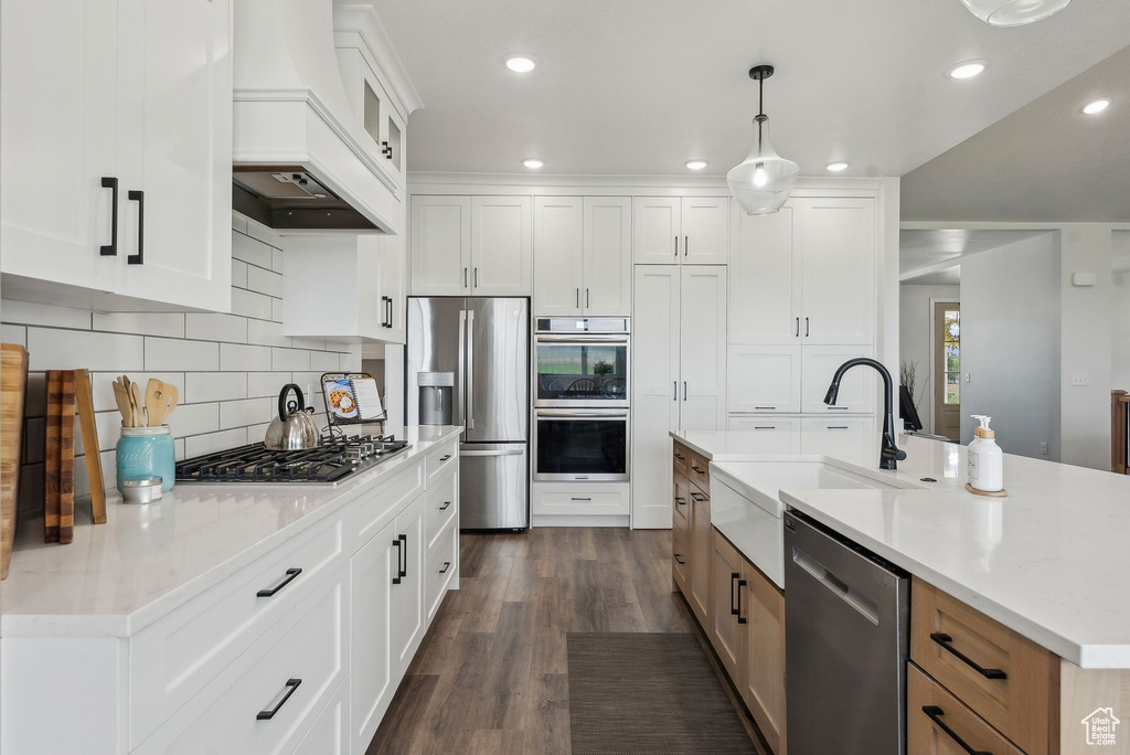 Kitchen with stainless steel appliances, premium range hood, a sink, dark wood finished floors, and decorative backsplash