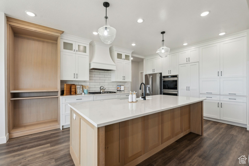 Kitchen with custom exhaust hood, appliances with stainless steel finishes, a sink, dark wood-style floors, and light countertops