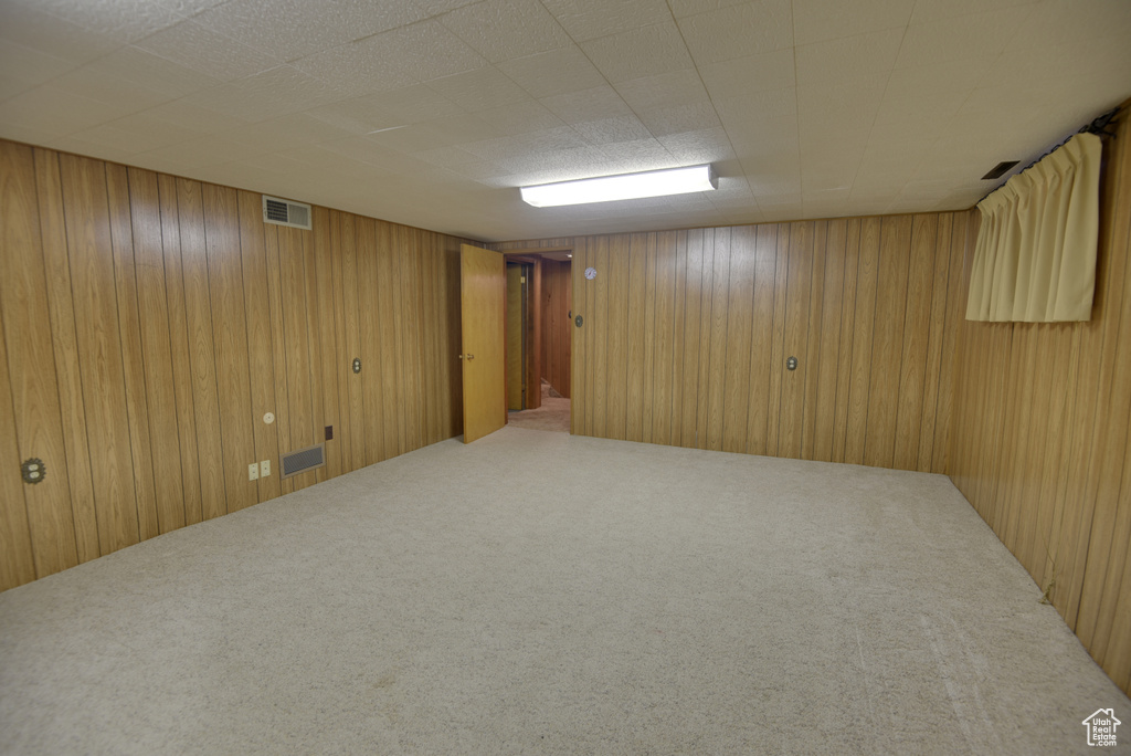 Finished below grade area with carpet flooring and wooden walls