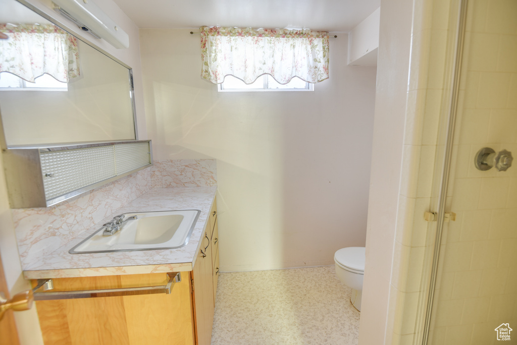 Bathroom with toilet, vanity, a tile shower, and healthy amount of natural light