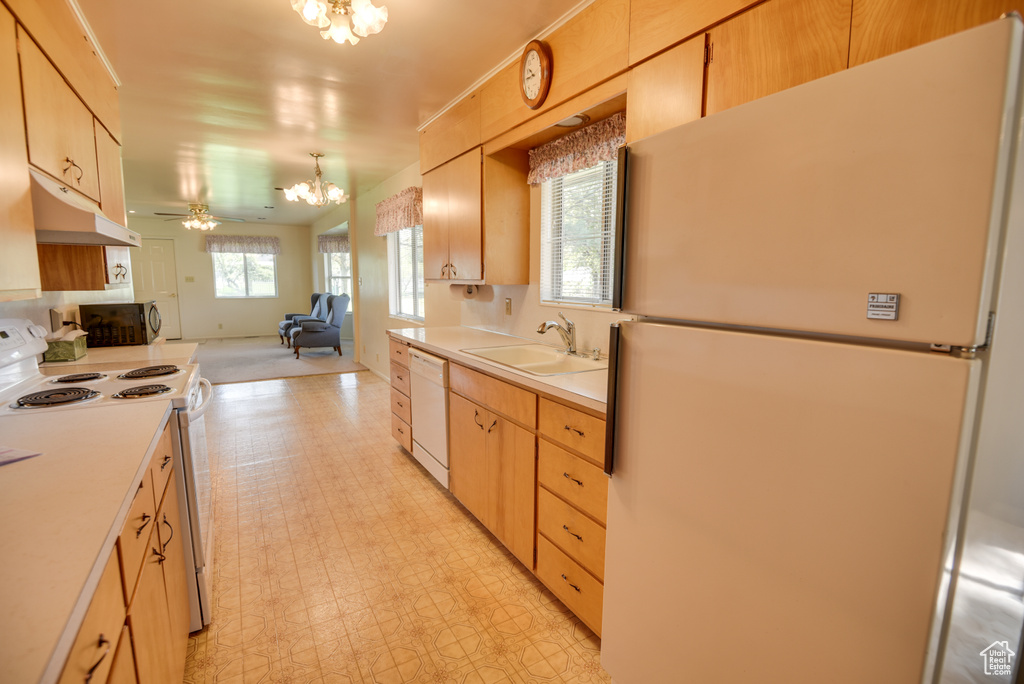 Kitchen featuring white appliances, a chandelier, under cabinet range hood, a sink, and light countertops
