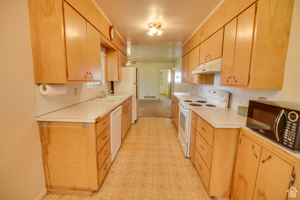 Kitchen featuring white appliances, under cabinet range hood, light countertops, and light flooring