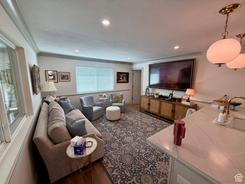 Living room featuring a textured ceiling, ornamental molding, wood finished floors, and recessed lighting