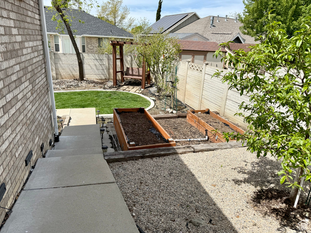 Fenced backyard with a garden