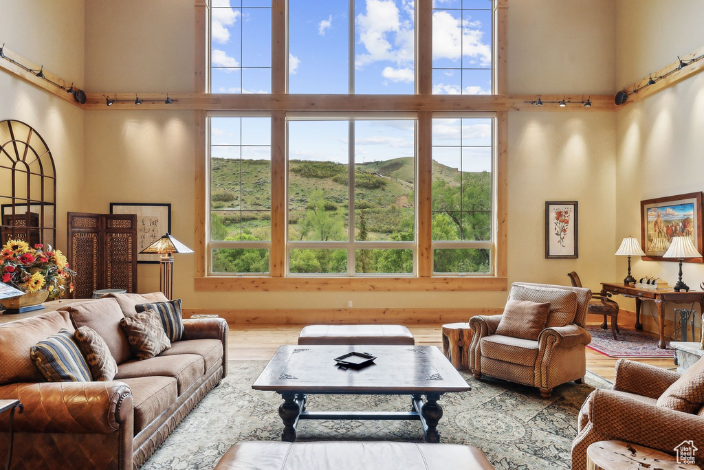 Living area featuring a towering ceiling, plenty of natural light, wood finished floors, and a mountain view