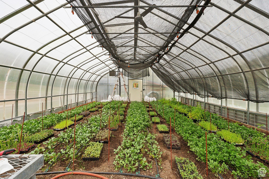 Exterior space with a garden, a greenhouse, and fence