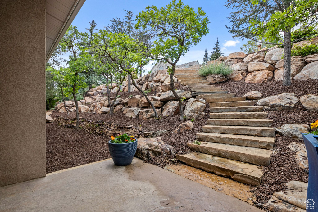 View of patio / terrace featuring stairs