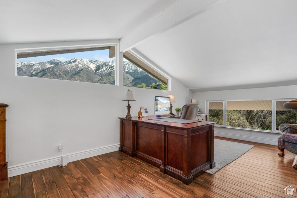 Office space with dark wood-style flooring, a mountain view, and baseboards