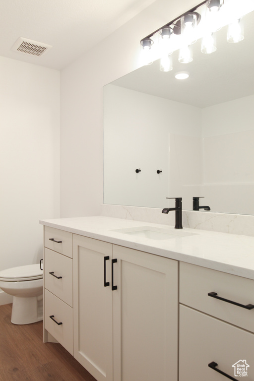 Bathroom featuring wood finished floors, vanity, and toilet