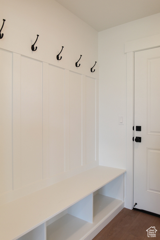 Mudroom featuring dark wood-type flooring