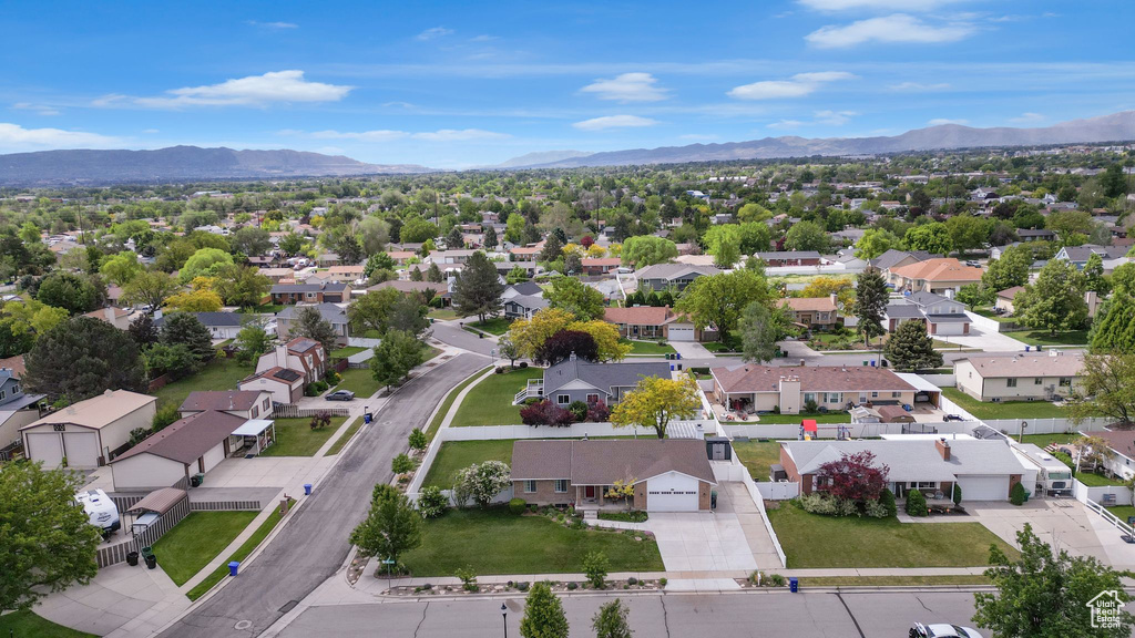 Aerial perspective of suburban area with mountains