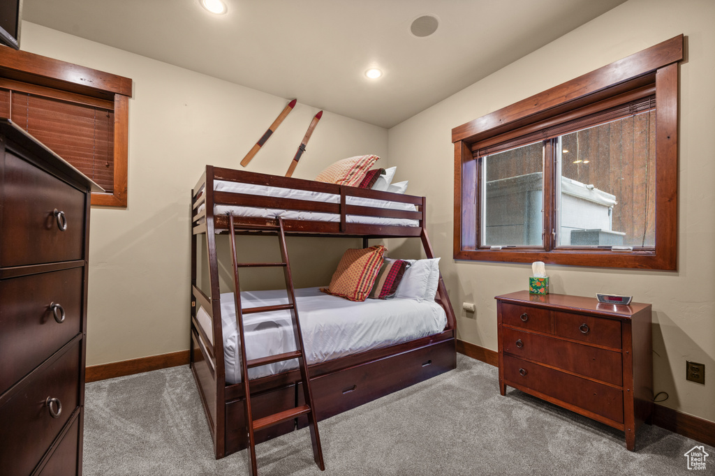 Carpeted bedroom featuring recessed lighting