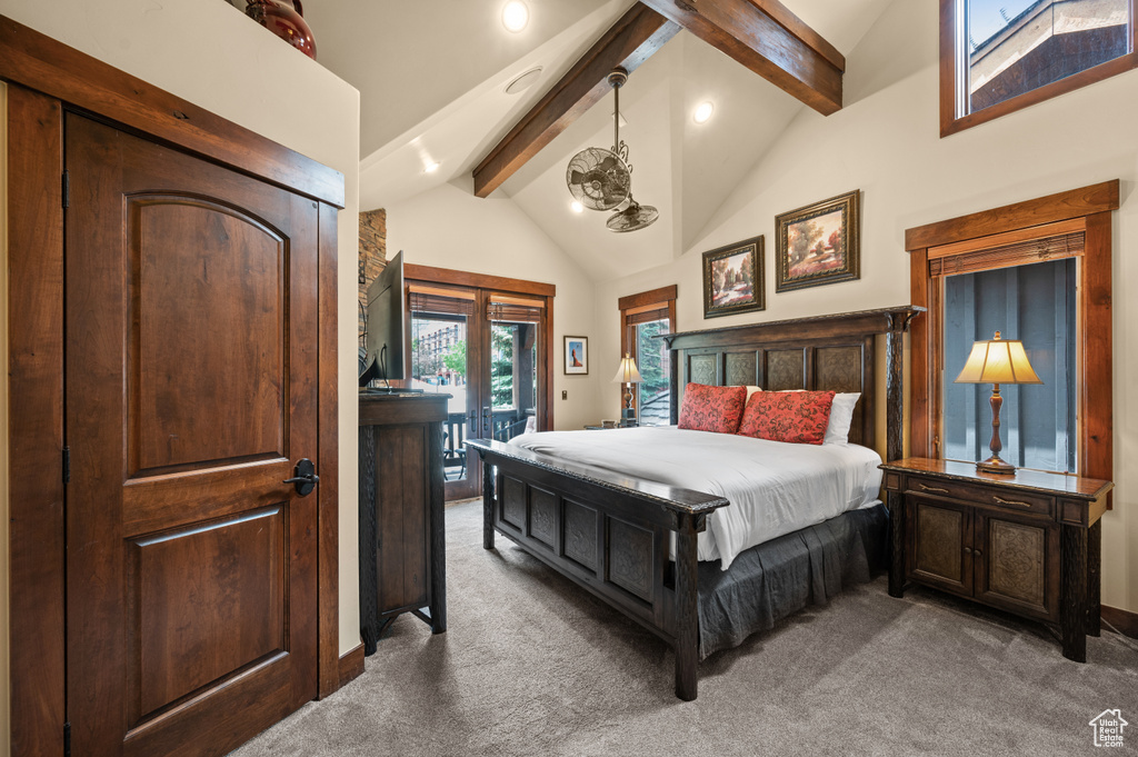 Carpeted bedroom with access to exterior and recessed lighting