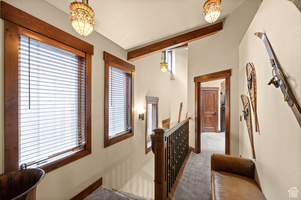 Hallway with an upstairs landing, carpet, and beamed ceiling