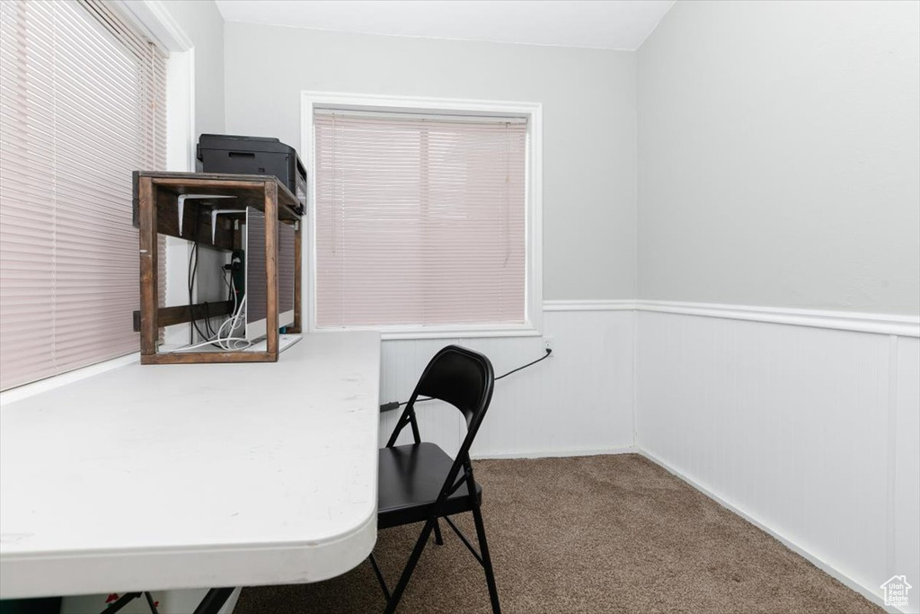Home office featuring wainscoting and carpet floors