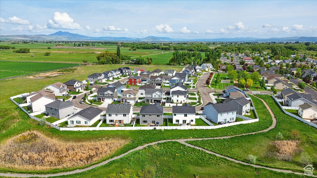 Aerial perspective of suburban area featuring mountains