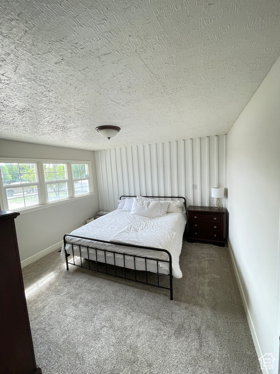 Bedroom with carpet floors, a textured ceiling, and baseboards