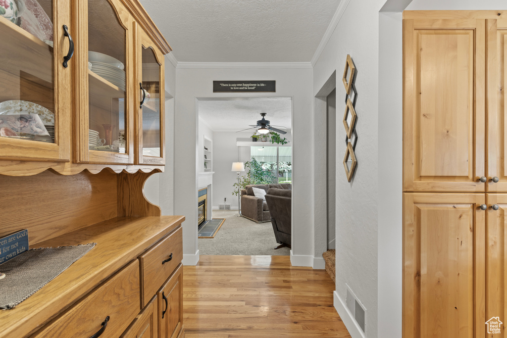 Corridor with light wood finished floors, a textured ceiling, crown molding, and baseboards