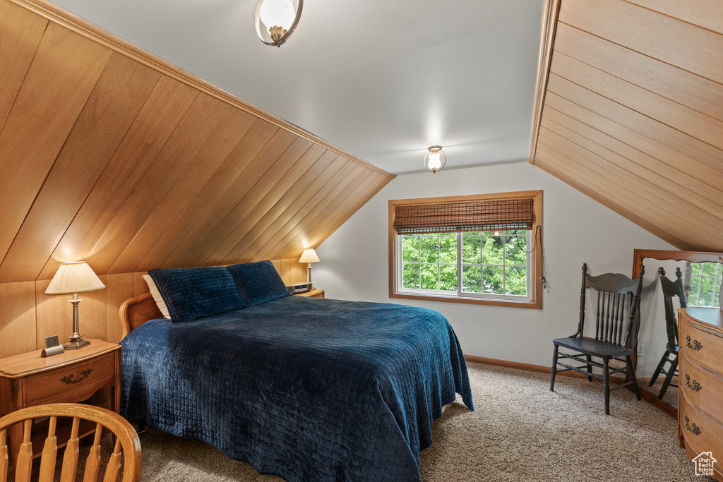Carpeted bedroom with baseboards and lofted ceiling