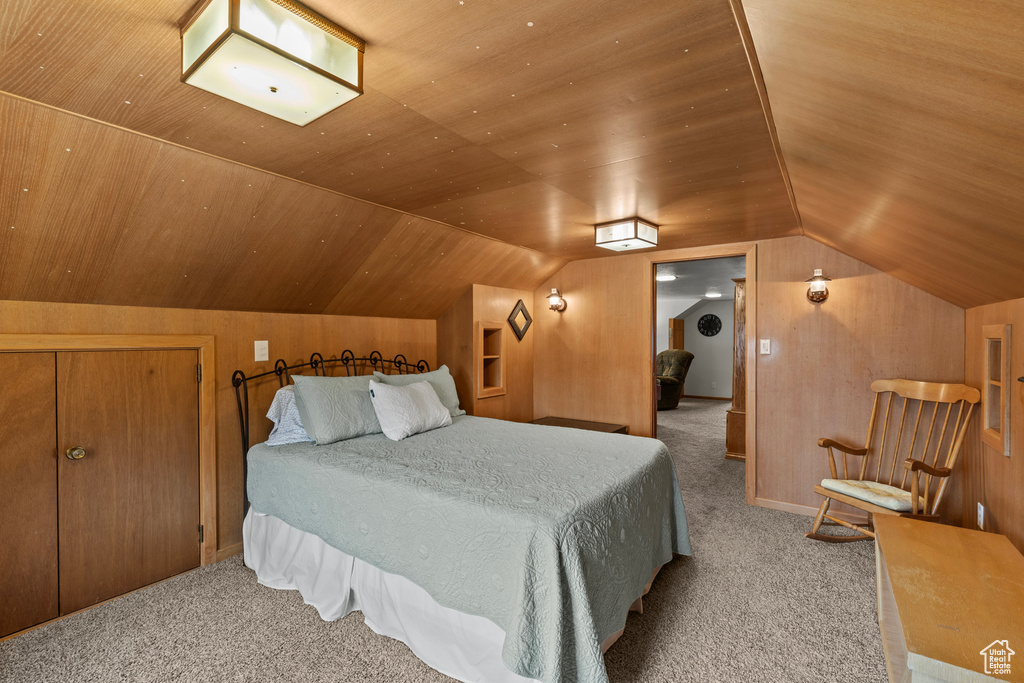 Bedroom with carpet flooring and lofted ceiling