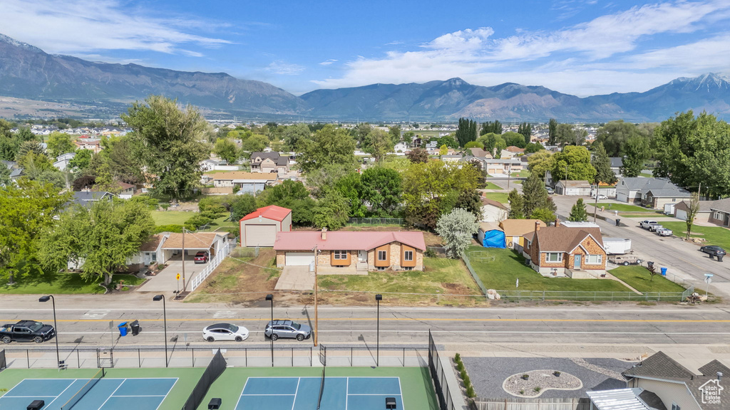 Aerial view of residential area with mountains