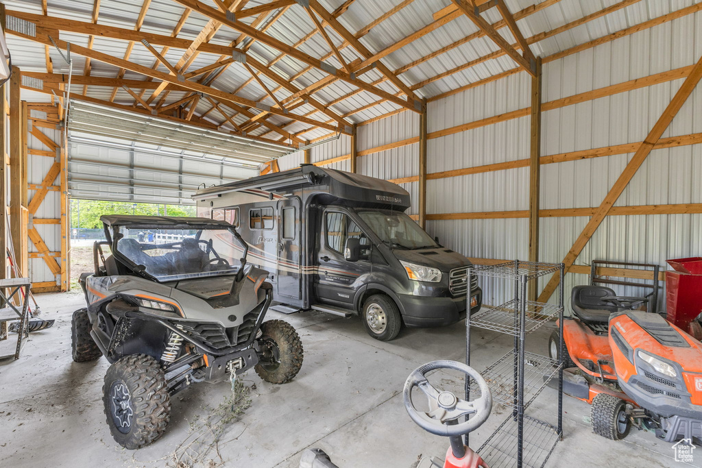 Garage featuring metal wall