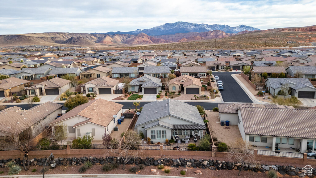 Aerial view of residential area with mountains