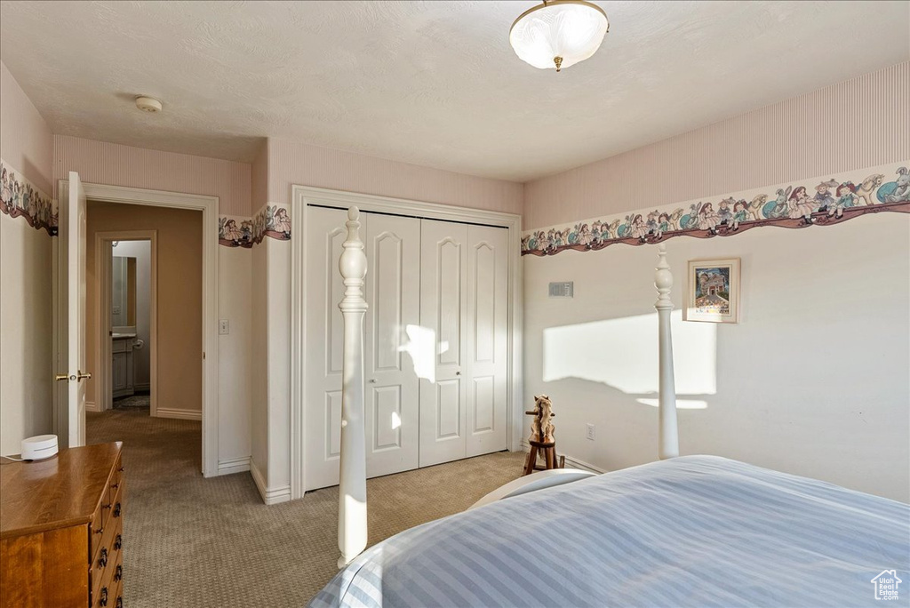 Carpeted bedroom featuring baseboards and a closet