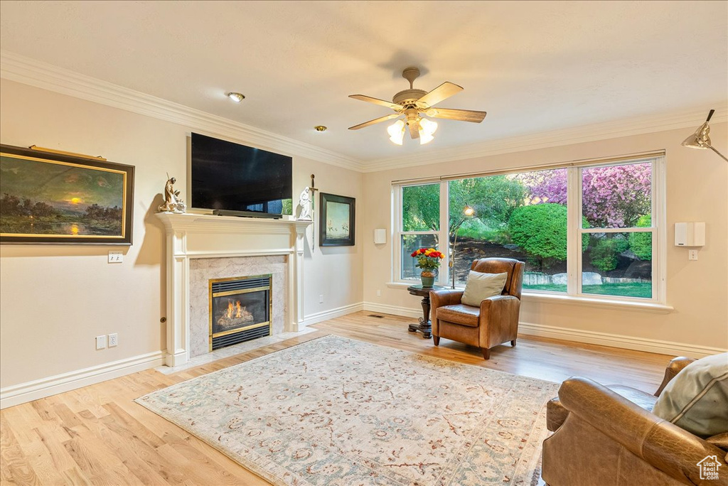 Living area featuring ceiling fan, ornamental molding, wood finished floors, and a high end fireplace