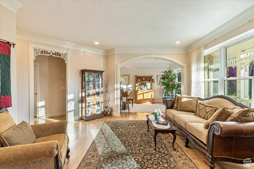 Living room featuring arched walkways, baseboards, ornamental molding, and light wood finished floors