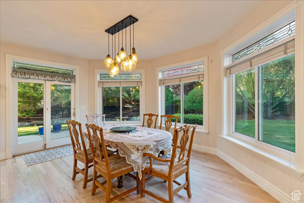 Dining area featuring baseboards, plenty of natural light, and light wood-style flooring