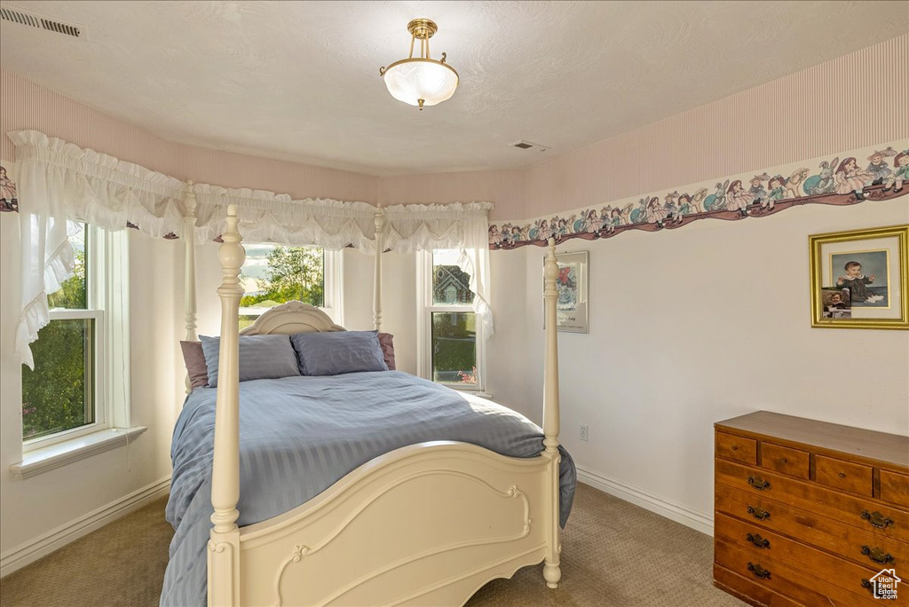 Bedroom featuring carpet floors, baseboards, and visible vents