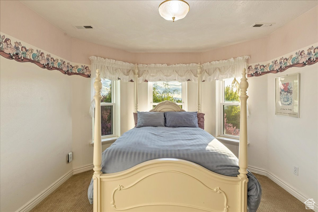 Bedroom featuring visible vents, baseboards, and carpet floors