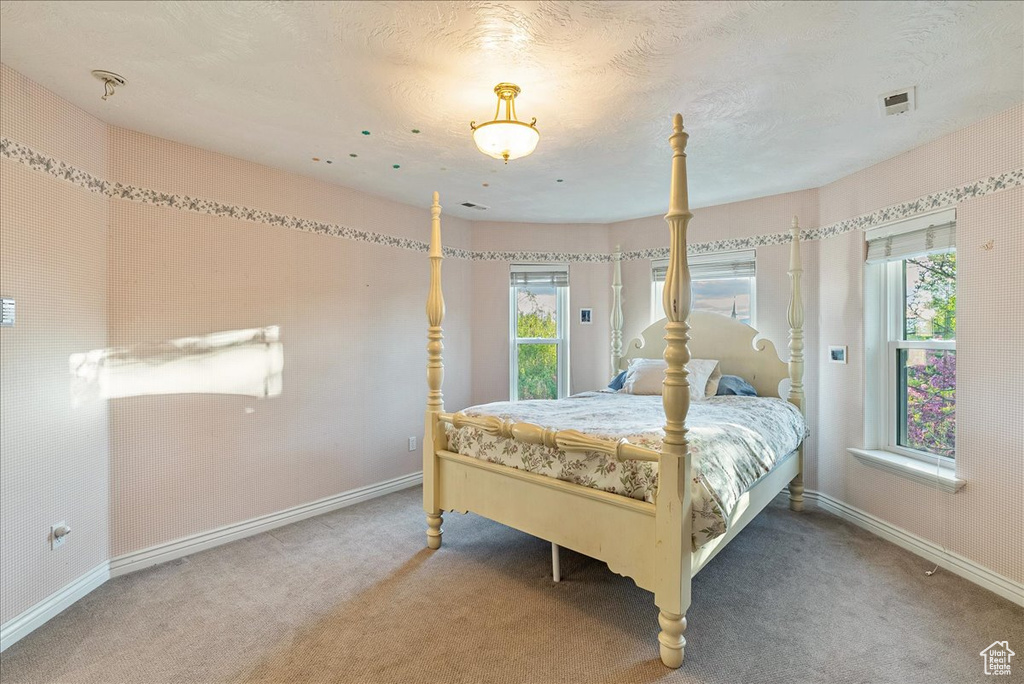 Carpeted bedroom featuring baseboards and visible vents