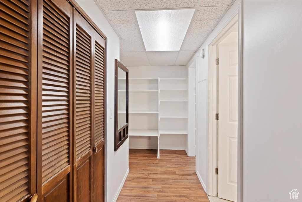 Corridor featuring a drop ceiling, light wood-type flooring, and baseboards
