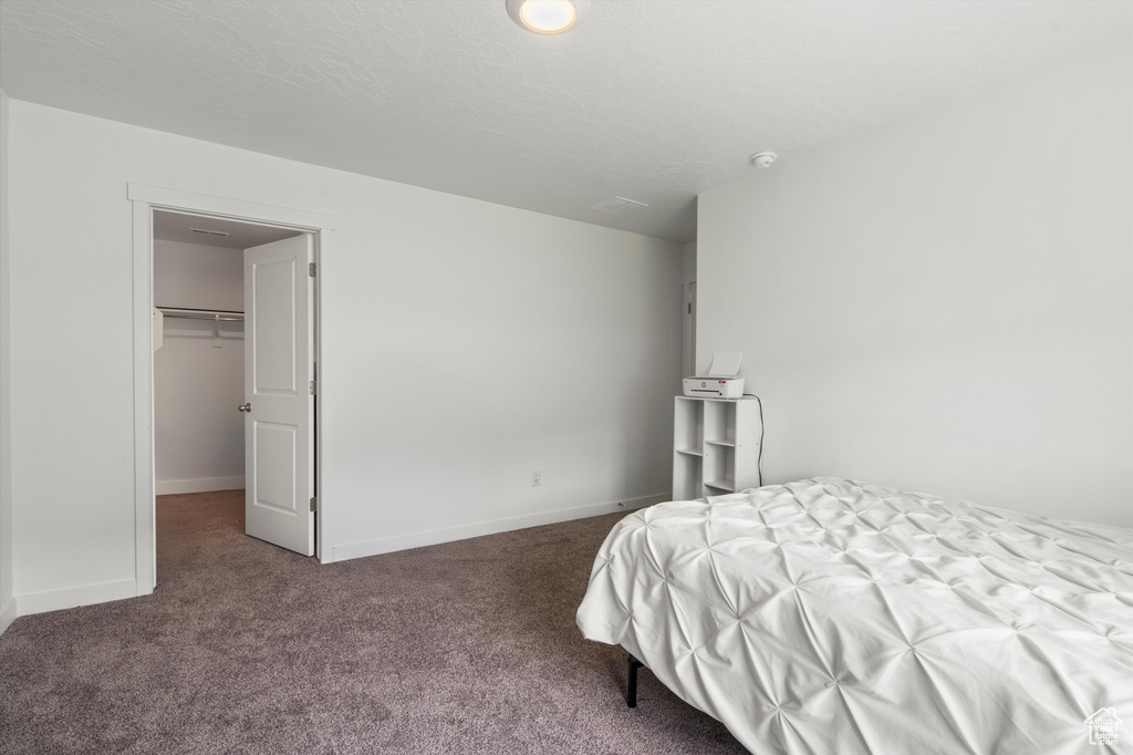 Carpeted bedroom with baseboards and a spacious closet