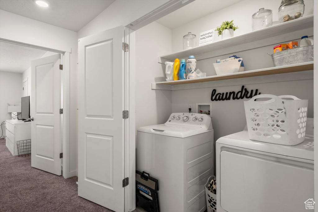 Washroom featuring carpet flooring and washer and clothes dryer