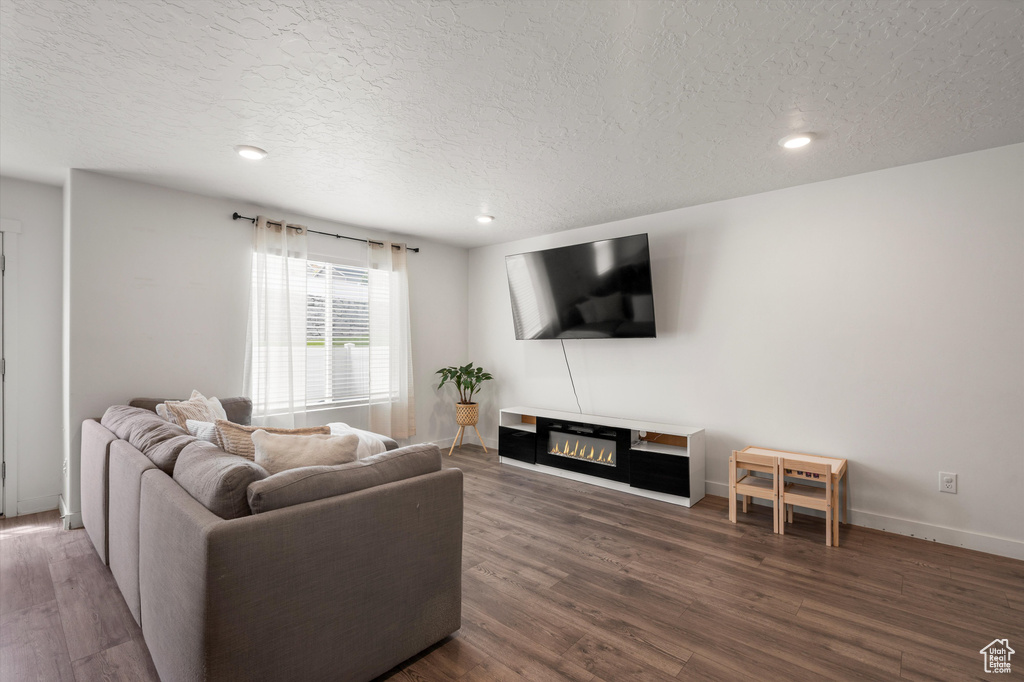 Living room with a textured ceiling, wood finished floors, a glass covered fireplace, recessed lighting, and baseboards