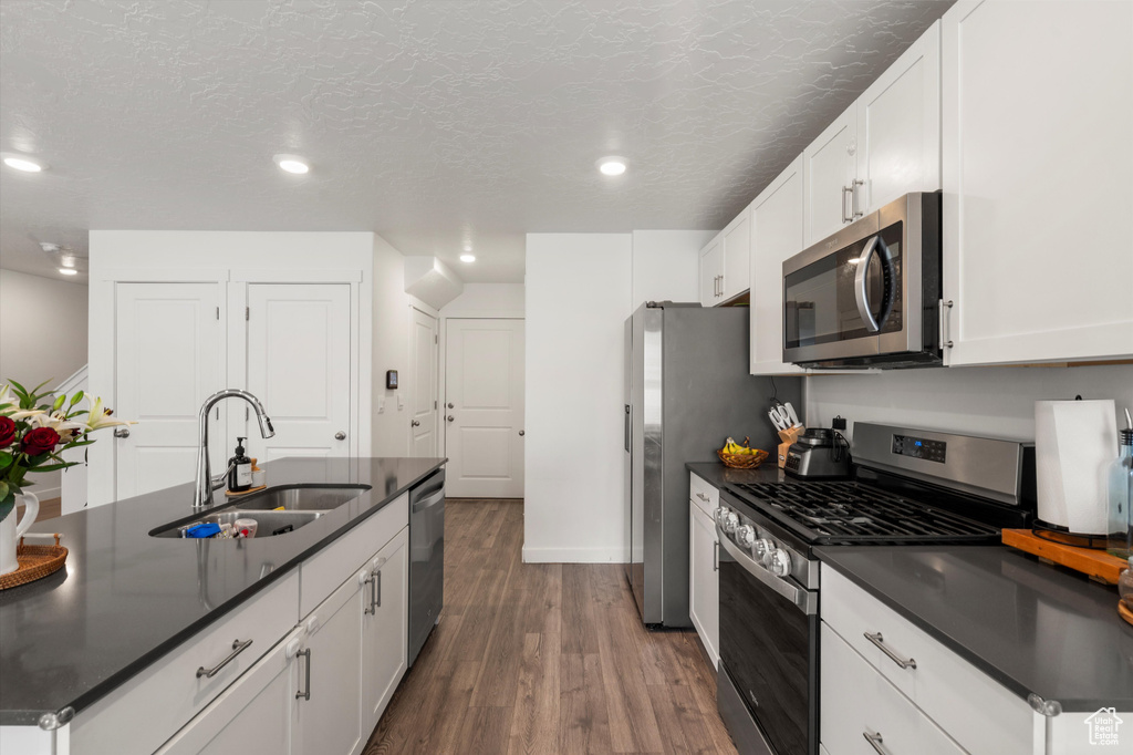 Kitchen featuring stainless steel appliances, a sink, dark countertops, dark wood finished floors, and recessed lighting