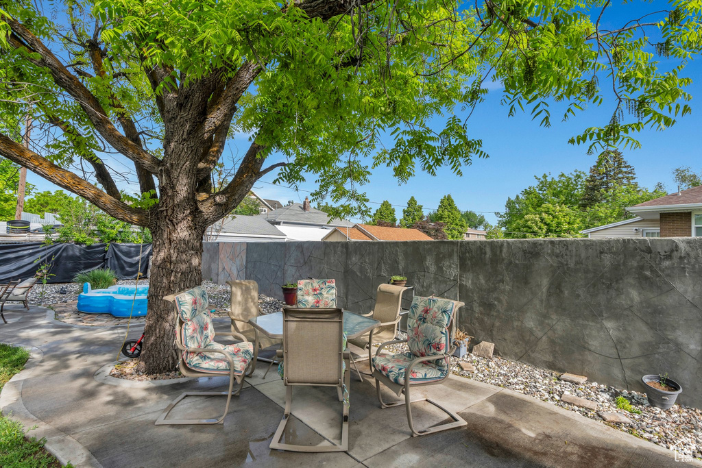 View of patio / terrace featuring a fenced backyard and outdoor dining space