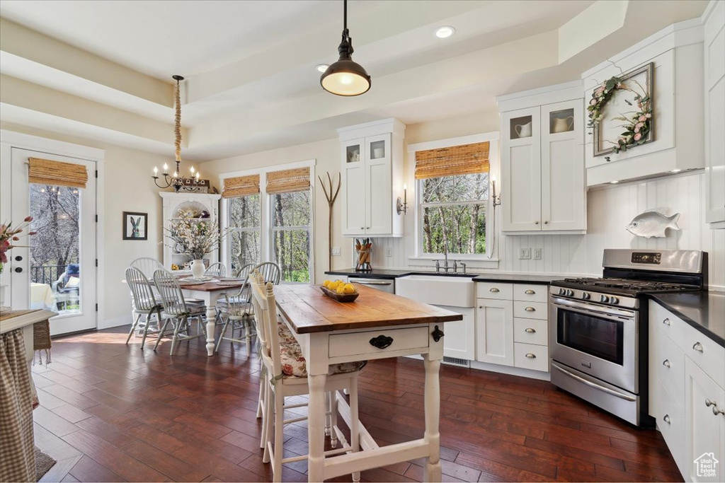 Kitchen with appliances with stainless steel finishes, a tray ceiling, a sink, a chandelier, and recessed lighting