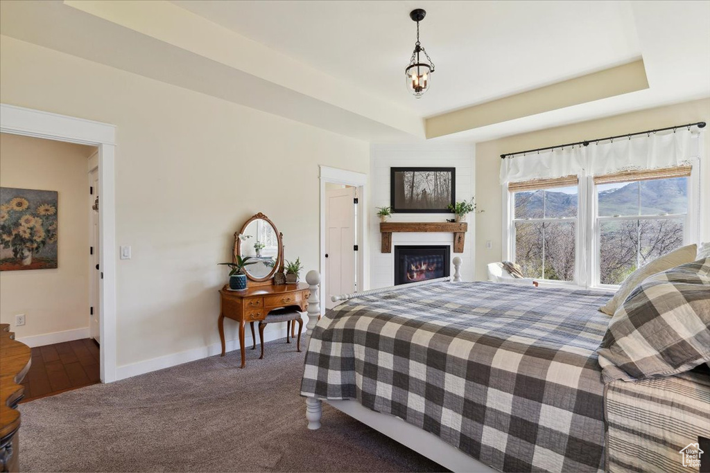Carpeted bedroom featuring baseboards, a glass covered fireplace, and a raised ceiling