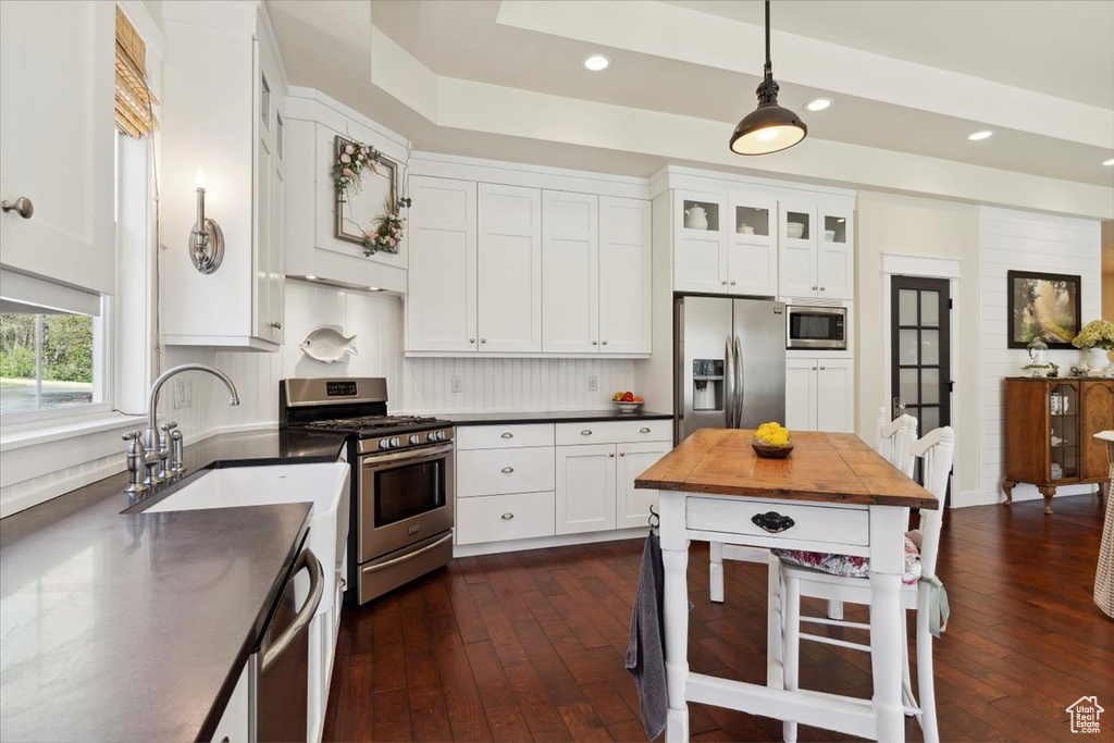 Kitchen featuring stainless steel appliances, white cabinets, recessed lighting, dark wood-style floors, and pendant lighting